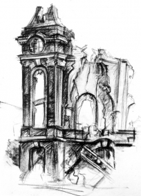 Ruine Frauenkirche Dresden - Zeichnung Roland Spiegel 1956